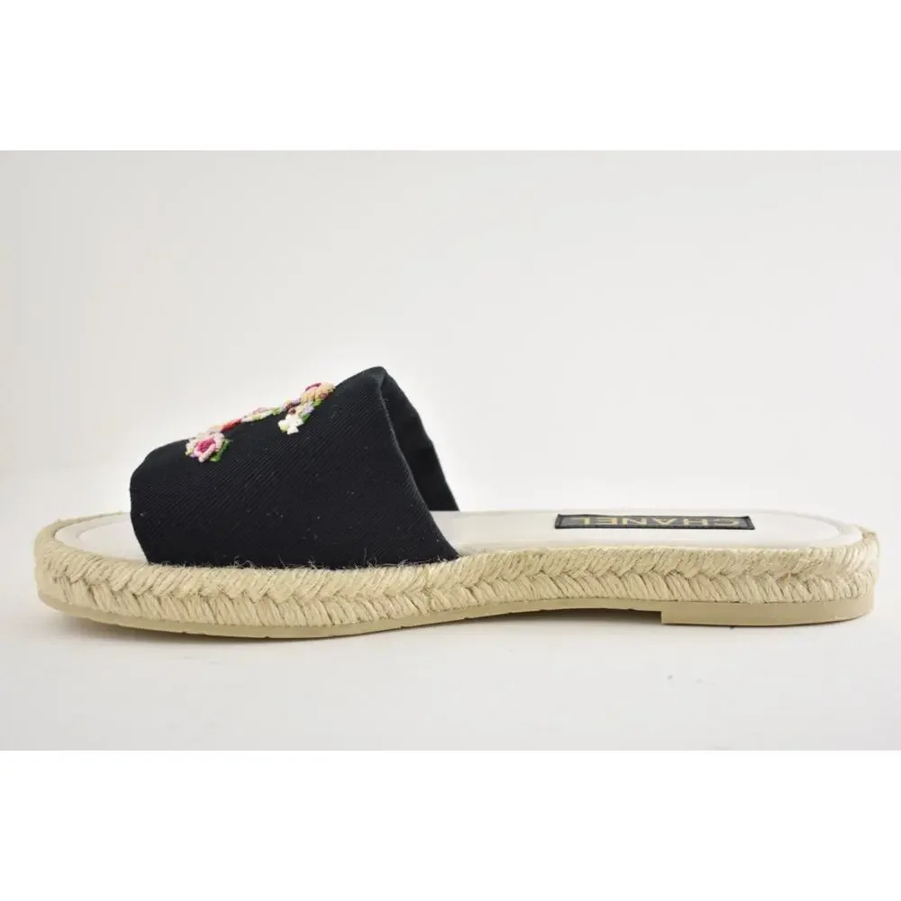 Chanel 25S Black Canvas Floral Crochet CC Logo Slide Sandal Espadrille Flat 41